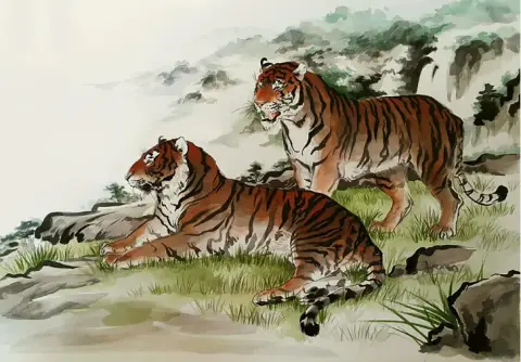 Majestic Tigers in a Misty Landscape