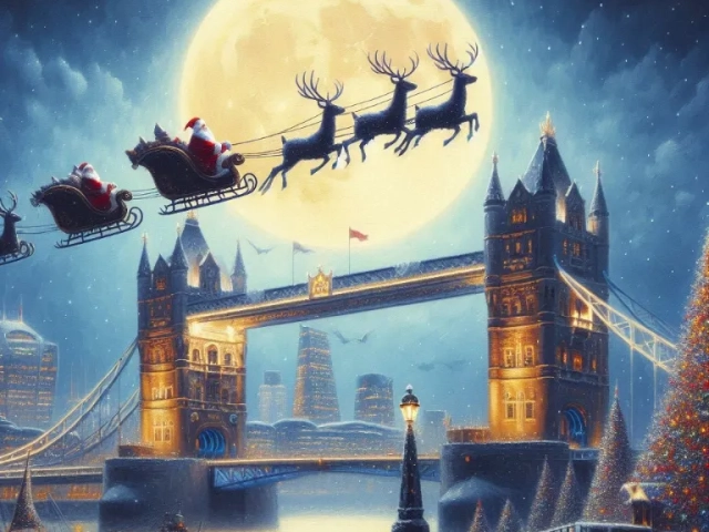 santa claus flying his sleigh over the tower of london