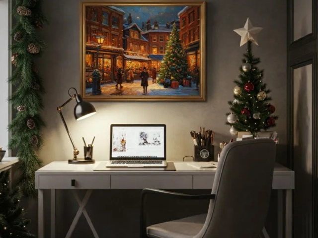 christmas oil painting in home office