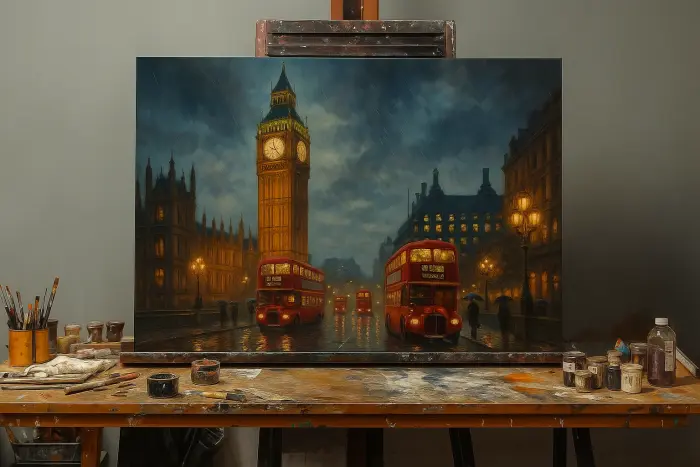 Framed oil painting of Big Ben and red London buses in the rain, hanging on a living room wall