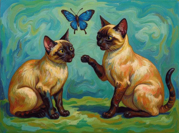 Gatos-siameses-jugando-con-una-mariposa-al-estilo-de-Van-Gogh