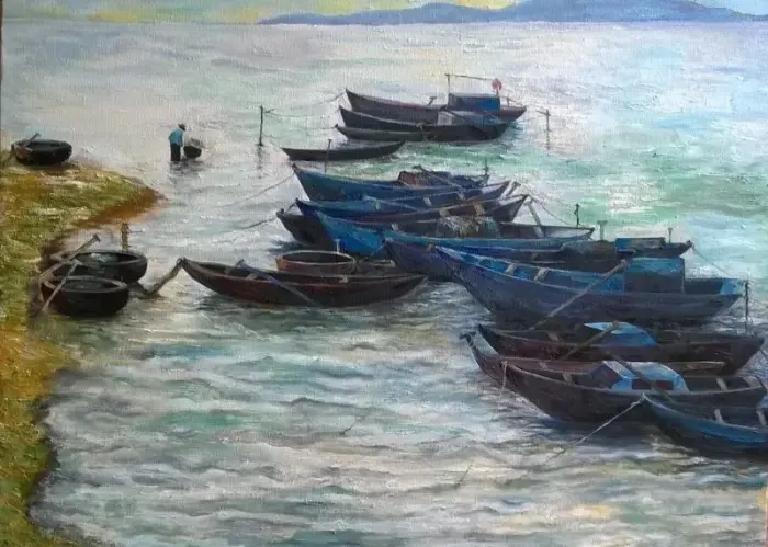 Vietnamese Fishing Boats Seaside Scene