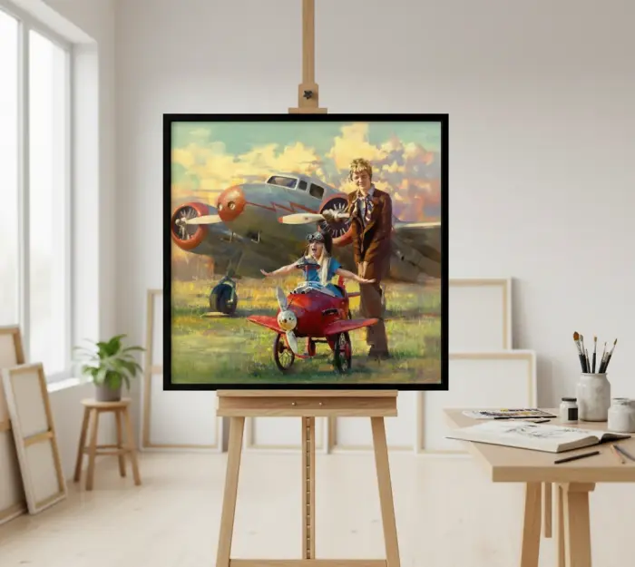 Framed painting of a man and child with a vintage airplane on a wall