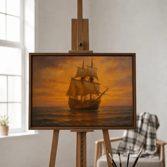 Framed oil painting of the Mayflower sailing at sunset hanging on a wall
