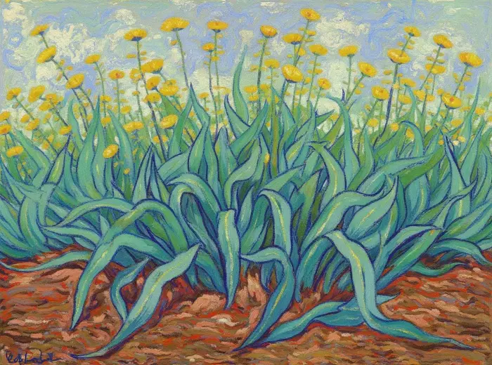 甘いアリッサムがゴッホ風の庭の縁を飾る