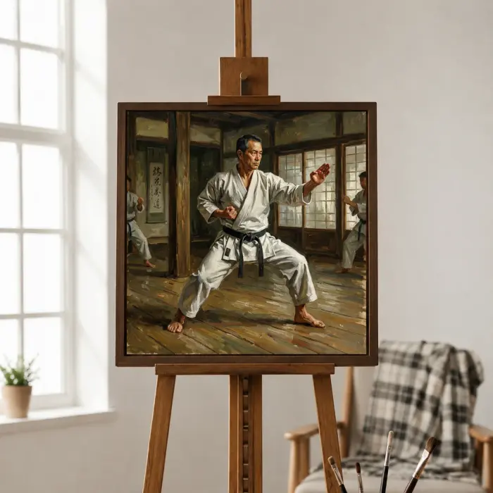 Framed painting of a karate practitioner hanging on a wall