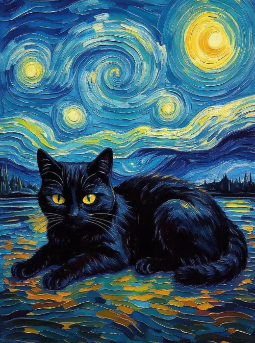 Blå-Øyne-Katt-Under-Blå-Himmel-i-Van-Gogh-Stil