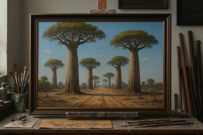 Framed painting of a baobab tree avenue hanging on a neutral wall
