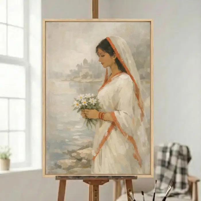 Framed painting of a woman by the river hanging on a bedroom wall