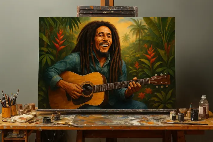 Framed portrait of Bob Marley playing guitar hanging on a living room wall