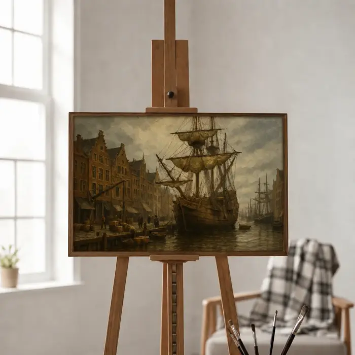Framed oil painting of the Mayflower docked in Amsterdam hanging on a wall