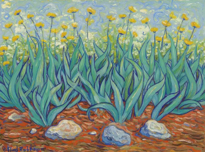 Krypande-Verbena-Bland-Trädgårdstenen-–-Inspirerad-Av-Van-Goghs-Konststil