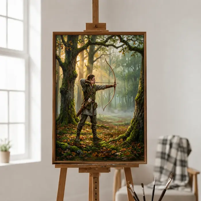 Framed oil painting of an archer in a misty forest clearing, hung on a living room wall.