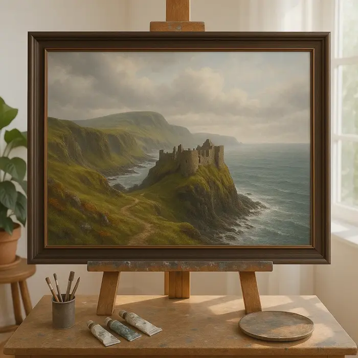 Framed painting of Dunluce Castle ruins on a cliff hanging above a living room sofa