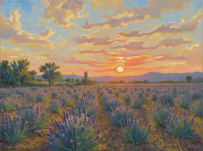 Lavendelfyllte-Felt-ved-Solnedgang-–-Inspirert-av-Van-Goghs-Kunstneriske-Stil