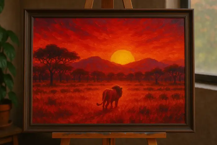 Framed painting of a lion crossing a red savanna sunset hanging in a living room