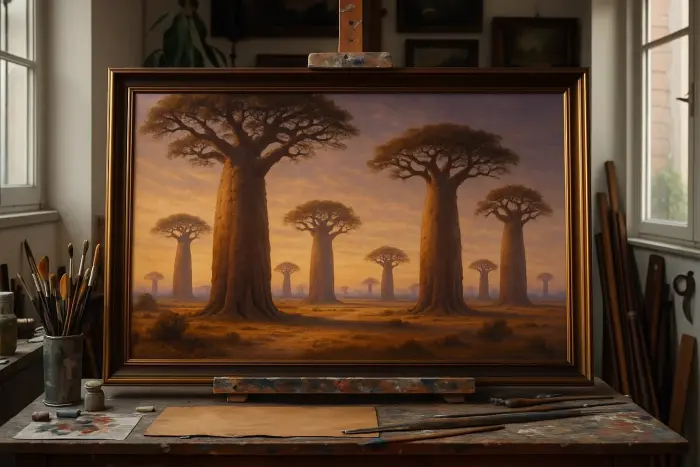Framed painting of baobab trees at sunset hanging above a dining table