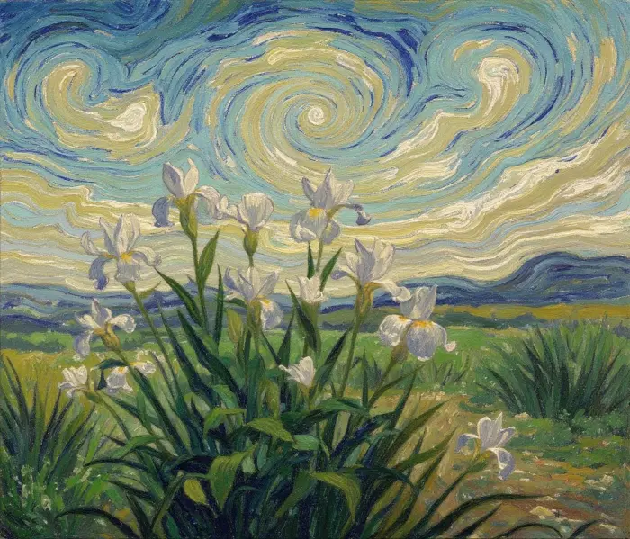 Iris-die-leunen-onder-een-draaikolkende-lucht-–-Geïnspireerd-door-Van-Gogh