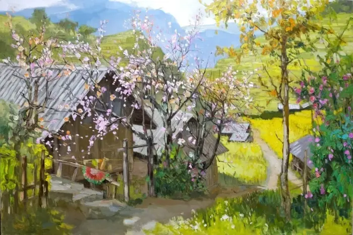 Vietnamese Blooming Village Mountain Scene