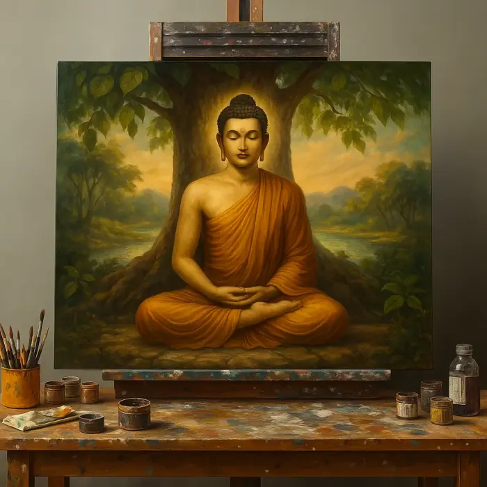 Framed painting of a meditating Buddha under a Bodhi tree hanging on a wall