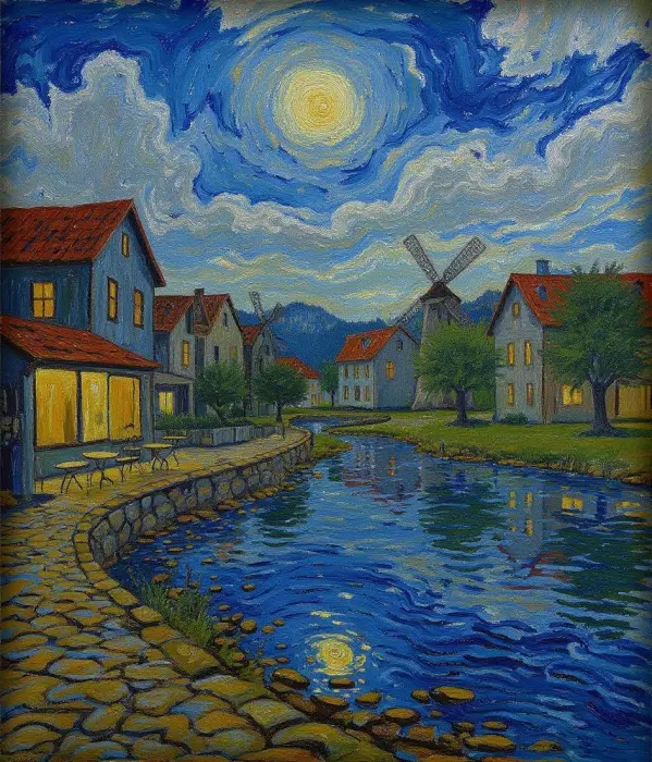 Creekside-Eatery-mit-Wassermühlen,-Österreich-—-Inspiriert-von-Van-Gogh