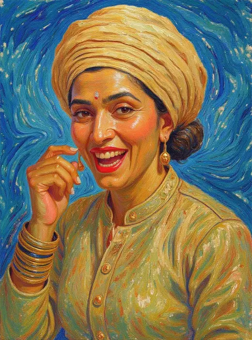 Mutige-Punjabi-Frau,-die-im-Van-Gogh-Stil-lacht