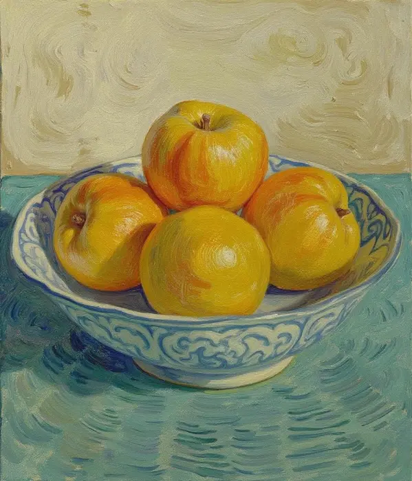 Albicocche-dorate-su-ceramica-blu-in-stile-ispirato-a-Van-Gogh