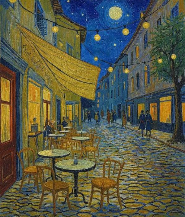 Charming Bistro Tables Under Van Gogh's Night Sky