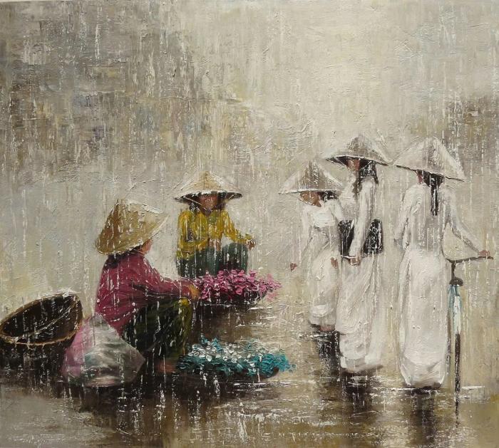 Vibrant Vietnamese Flower Market Scene | Painting for sales