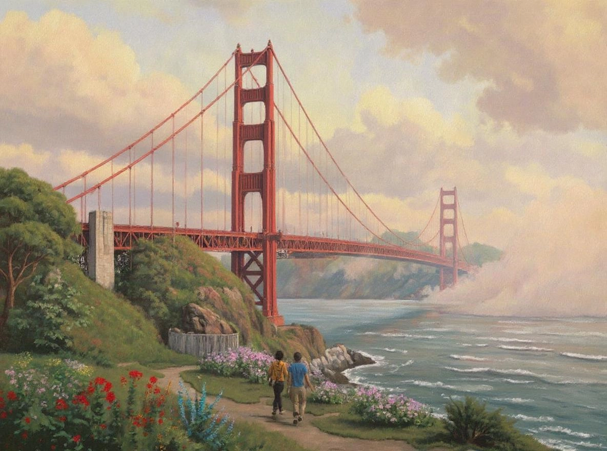 雾中的金门大桥| 出售绘画作品, image size:1184x880