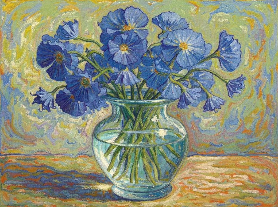ガラスの花瓶に生き生きとしたラナンキュラス - ゴッホにインスパイア