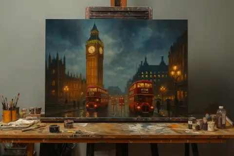 Big Ben and Red Buses on a Rainy Street