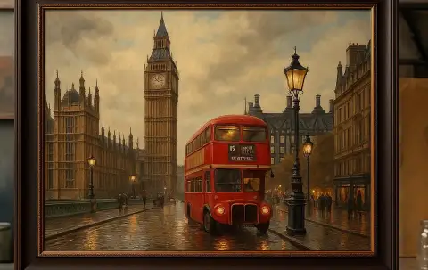 Oil painting of a red double-decker bus on a rainy London street near Big Ben