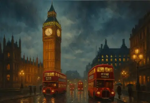 Oil painting of Big Ben clock tower and red double-decker buses on a rainy London street at dusk