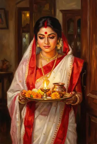 Oil painting of a Bengali woman in a red-bordered white saree carrying a brass thali with marigolds and a lit oil lamp