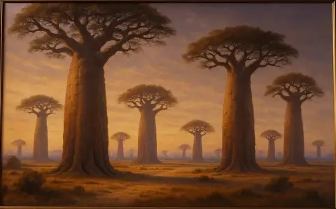 Oil painting of baobab trees silhouetted against a warm orange and violet sunset sky