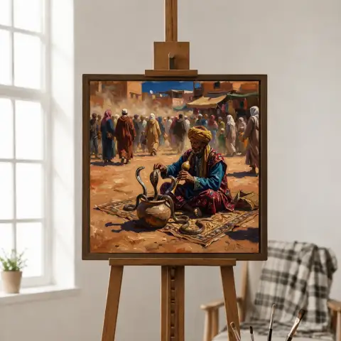 ساحر الأفاعي في ساحة جامع الفنا عند الظهيرة