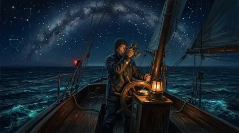Oil painting of a lone sailor navigating a small boat by starlight under the Milky Way
