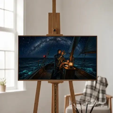 Solo Sailor Navigating by Stars at Night