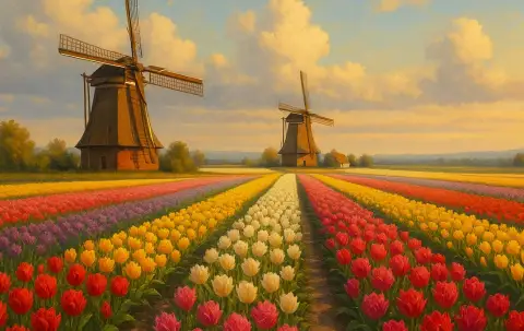 Oil painting of colorful tulip rows with two windmills under a golden sunset sky