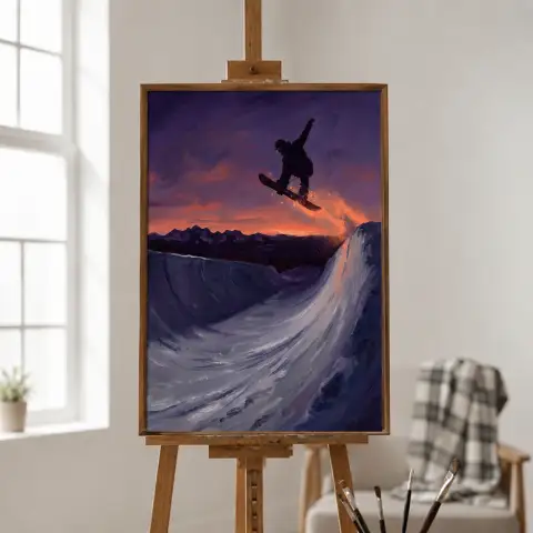 Snowboarder Launching from a Halfpipe at Dusk
