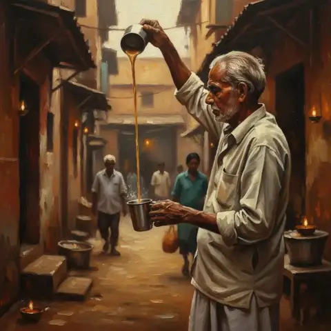 Oil painting of a chai wallah pouring tea in a sunlit Indian alley