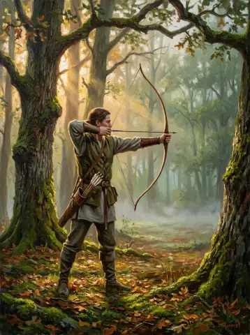 Oil painting of a female archer drawing her bow in a golden, mist-filled forest clearing at dawn.