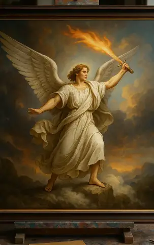 Oil painting of a winged figure raising a flaming sword against a stormy sky.