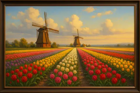 Dutch Tulip Fields with Windmills