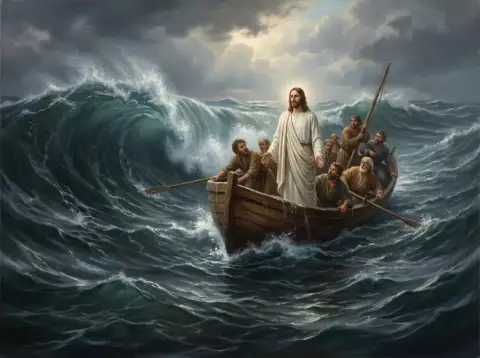 Oil painting of Christ standing in a boat calming a violent storm at sea while disciples look on in fear