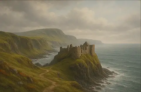 Oil painting of the ruined Dunluce Castle perched on a green cliff above the sea