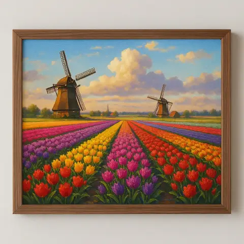 Dutch Tulip Fields with Windmills