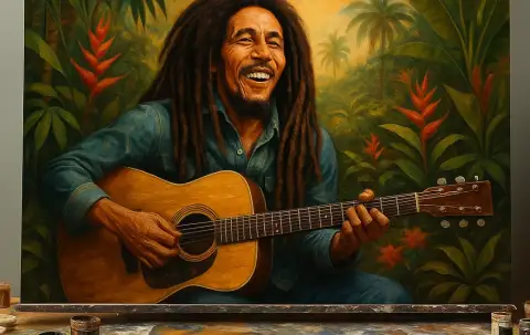 Oil painting of Bob Marley smiling and playing acoustic guitar amid tropical foliage