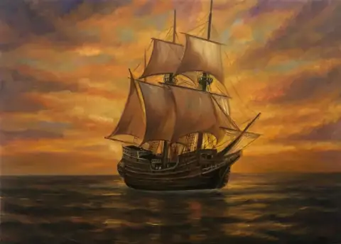 Oil painting of a three-masted sailing ship crossing a calm sea under a fiery orange sunset sky